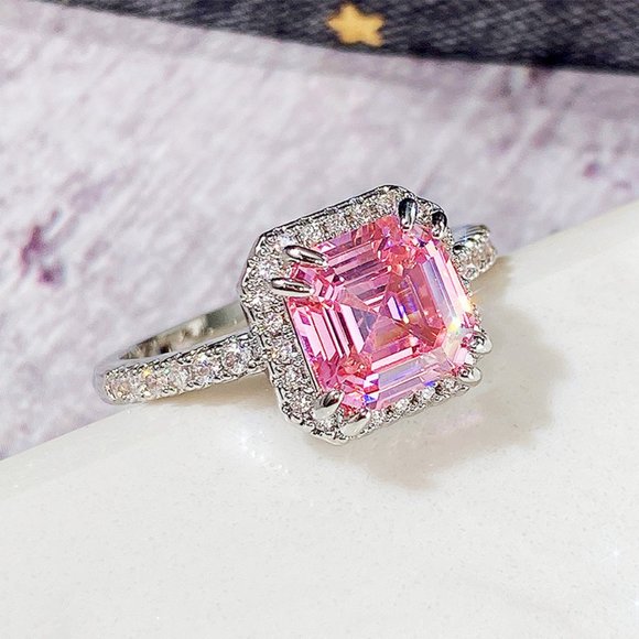 3/$35 Square Pink Silver Copper Band Cocktail Ring Diamond Cubic Zirconia - Picture 6 of 7